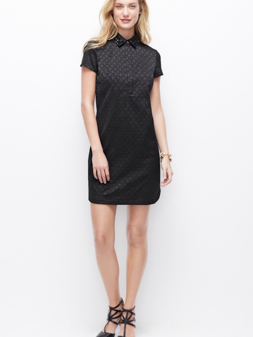 Ann Taylor Black Shift Jacquard Studded Collar Short Sleeve Shift Dress 6